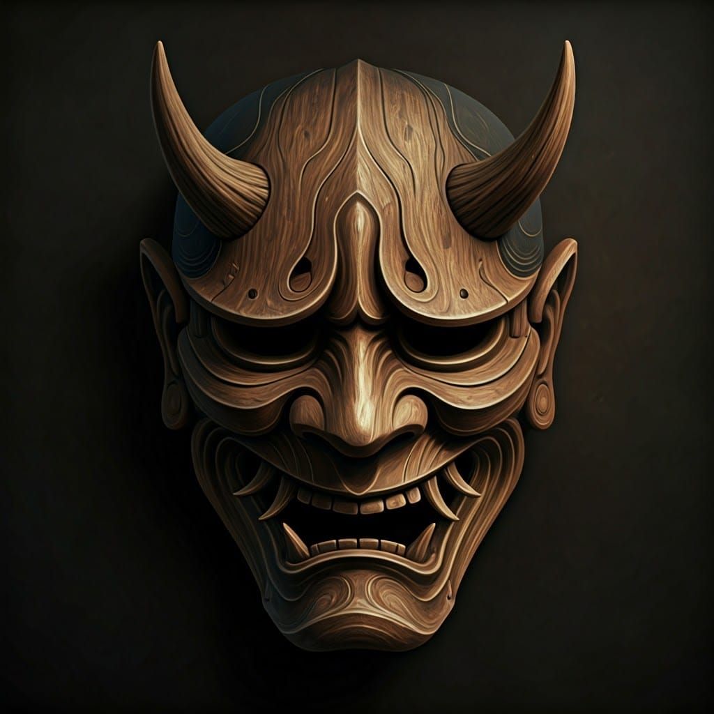 Ancient, Weathered Wood Oni Mask in Chiaroscuro