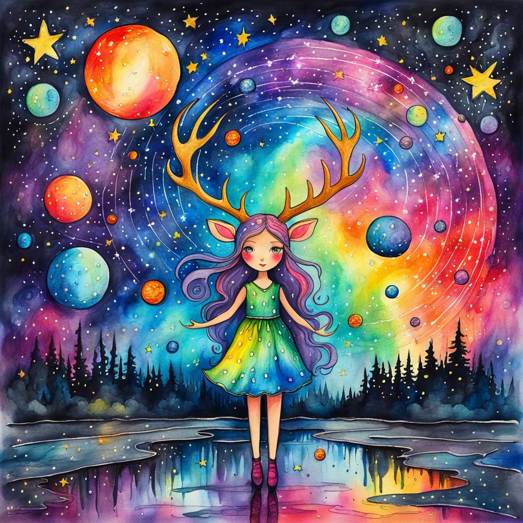 Cosmic Fairy Goddess in Childlike Crayon Drawing