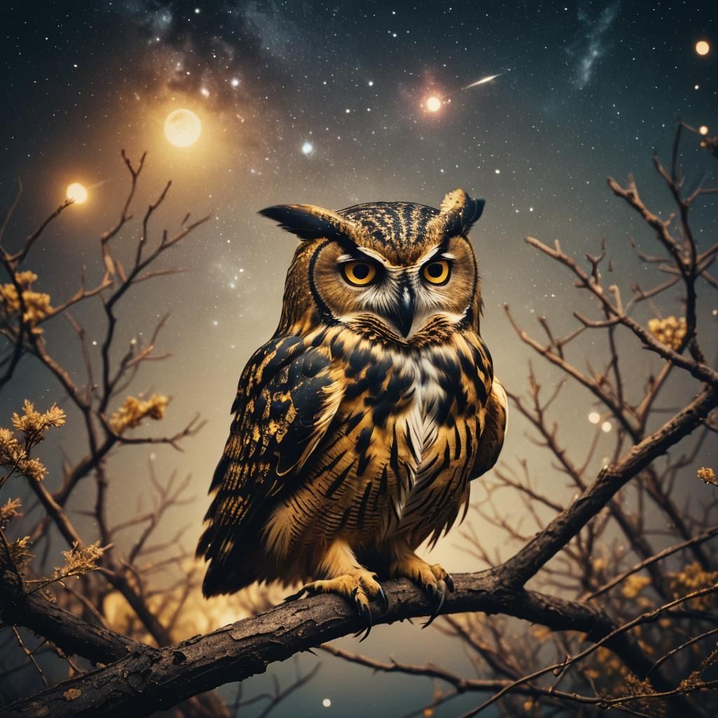 Retro Golden Galaxy Owl in Cinematic Style