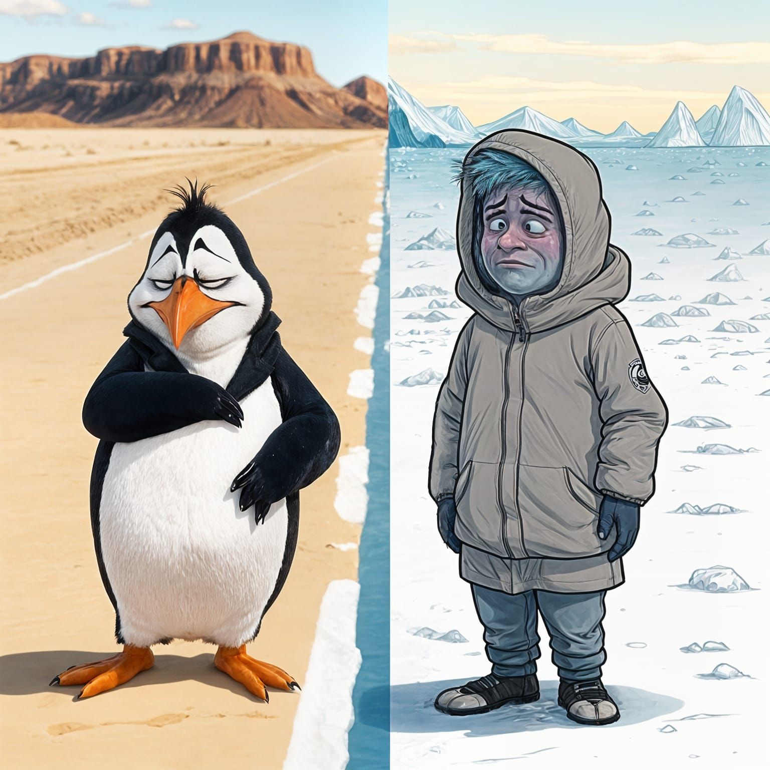Cartoon Split Screen: Penguin in Desert, Human in Antarctica