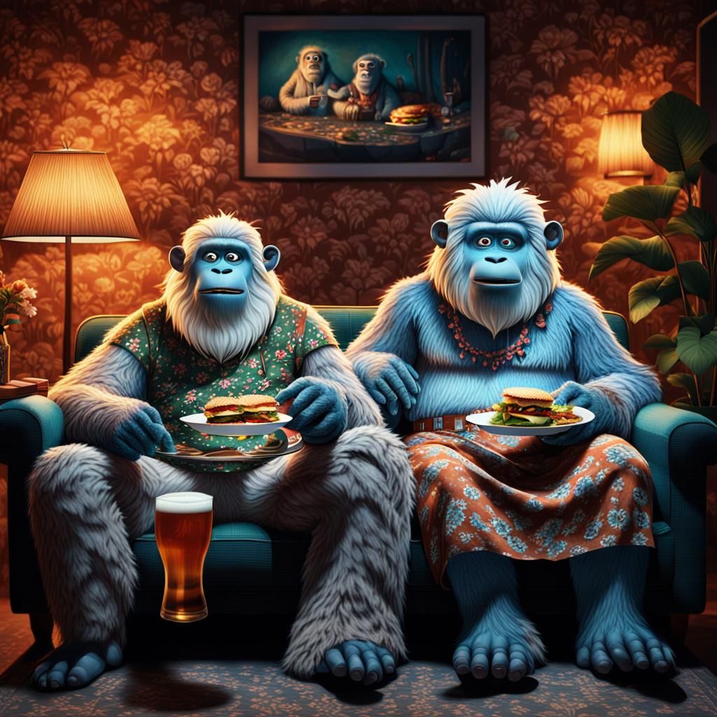 Yetis Watching TV: Cozy Cinematic Fantasy Art