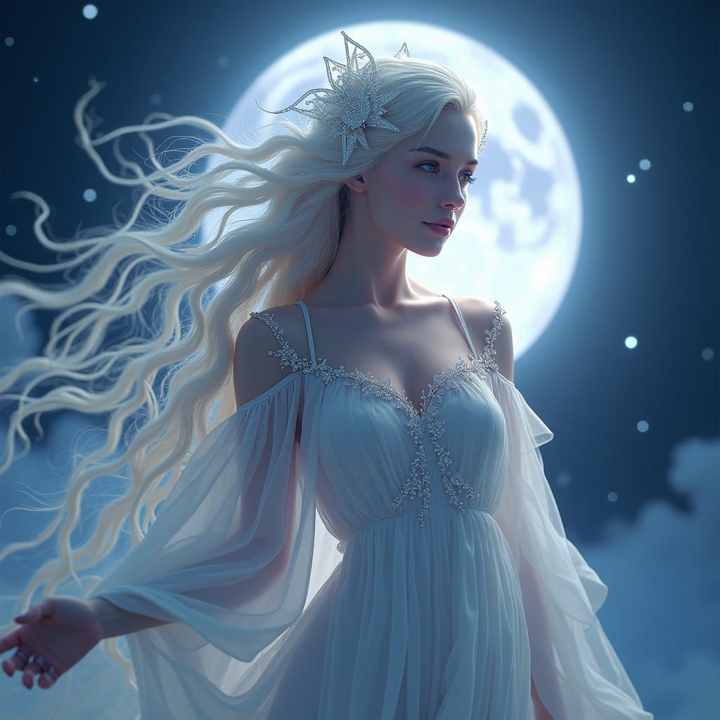 Moon Goddess in White Gown with Silver Hair