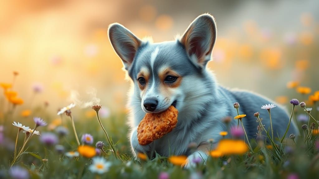 Whimsical Blue Corgi in a Dreamy Meadow Scene