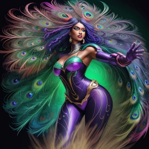 Rainbow Woman with Peacock Feathers in Comic Art