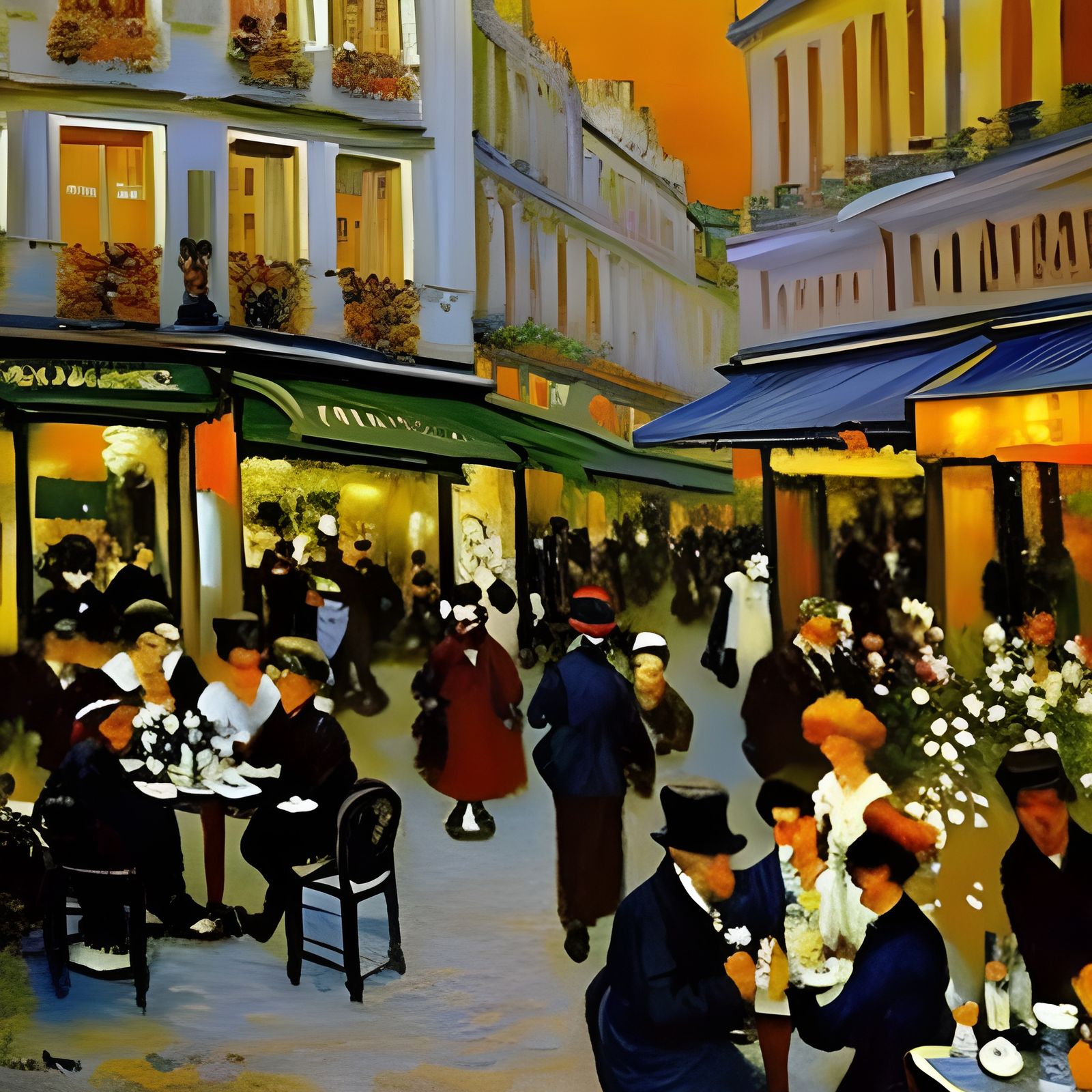 A coffee shop at Paris, full of people, impressionism, Claude Monet,