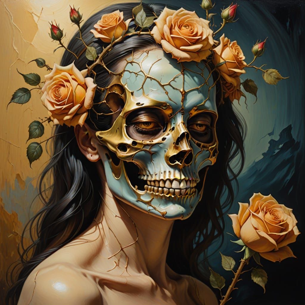 Surreal Oil Painting of Woman with Rose Skull