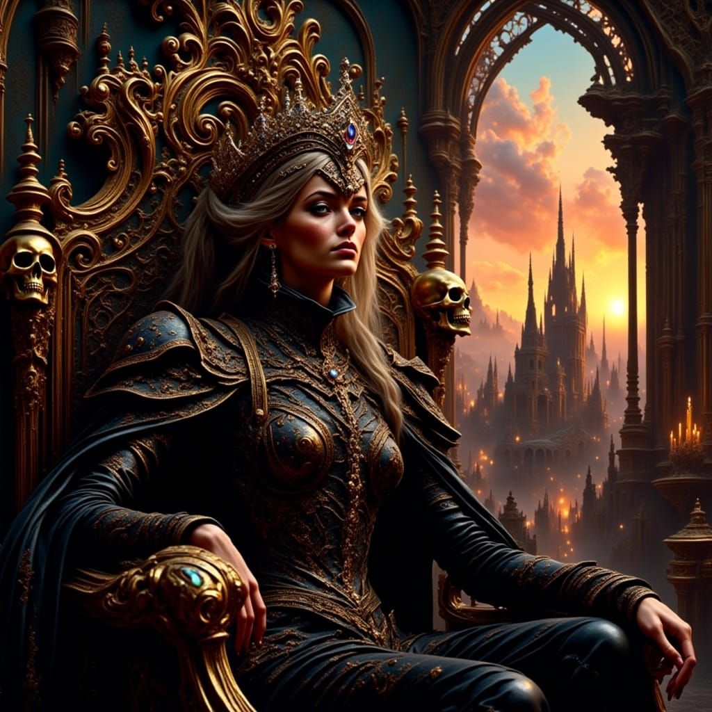 Gothic Queen on Throne in Castle at Sunset