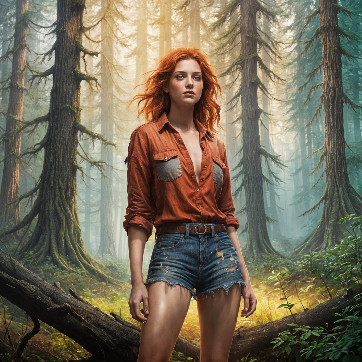 Red-Haired Girl in Forest: Detailed Digital Painting