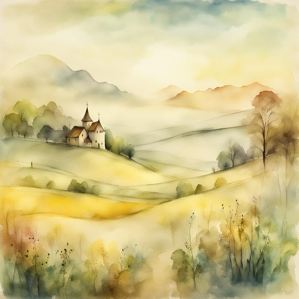 Dreamy European Landscape in Watercolor