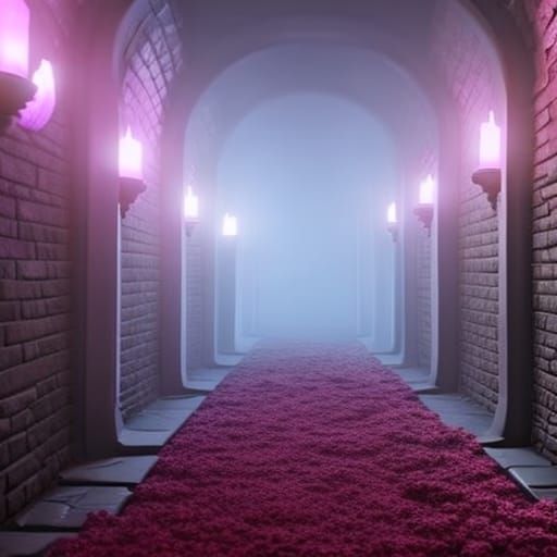 Purple Corridor with Red Flowers in 3D