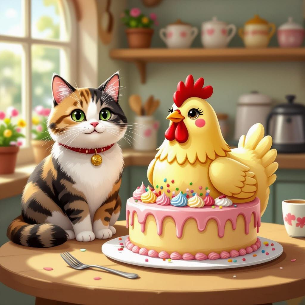 Whimsical Cat Beside Colorful Chicken Cake in Bakery