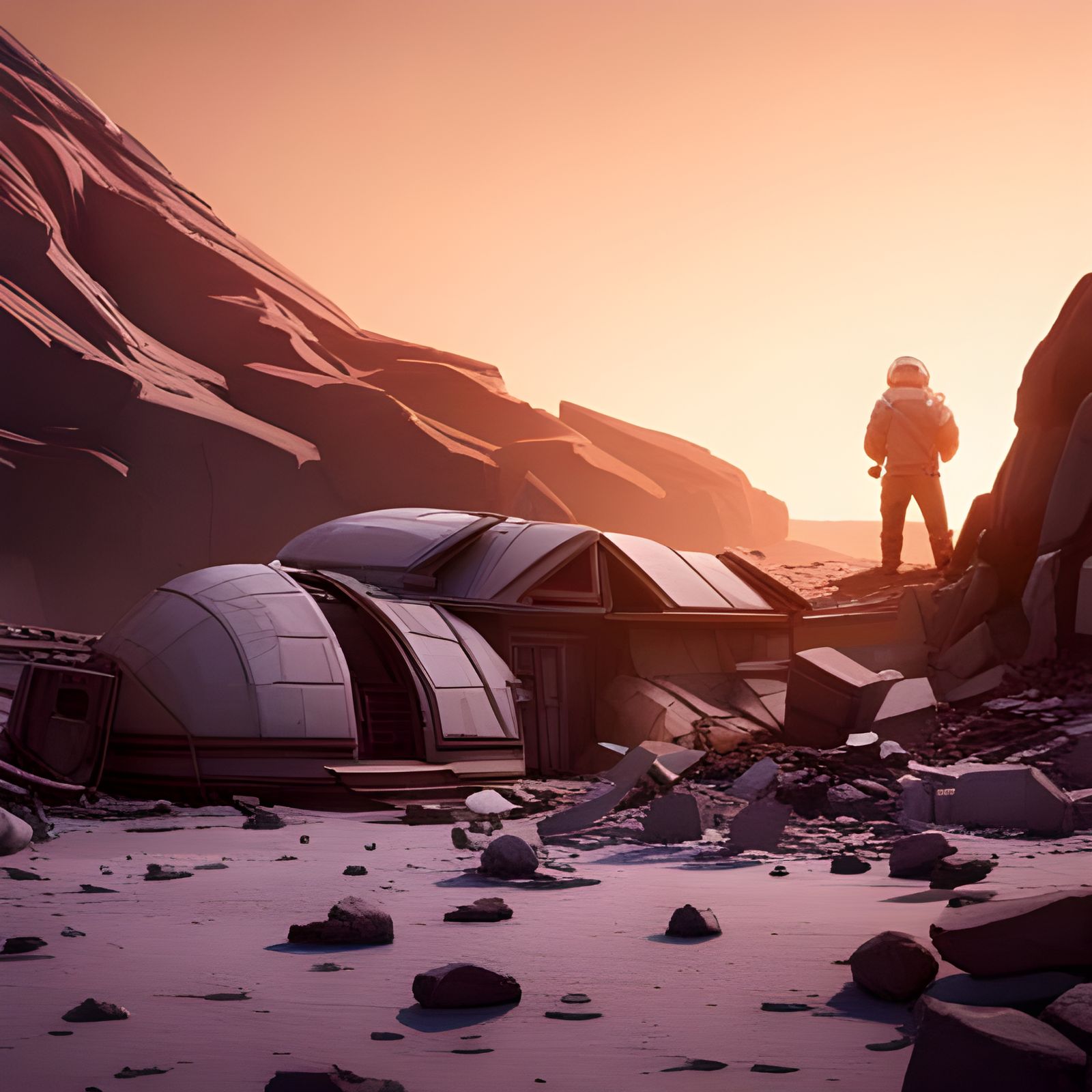 Crashed Starship on Mars with Stone Cabin