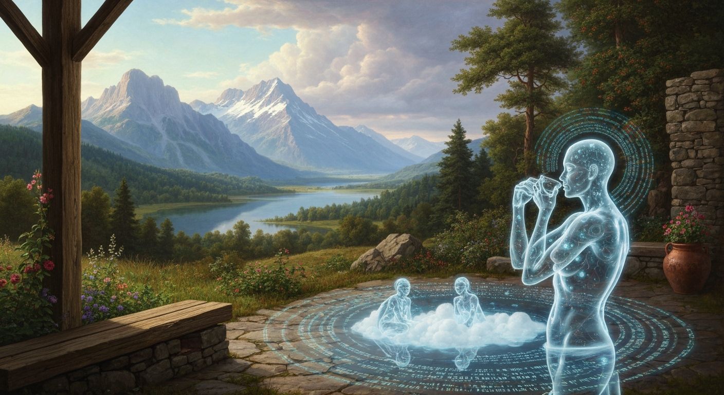 Bioluminescent Figure in Sacred Garden with Mountain Views