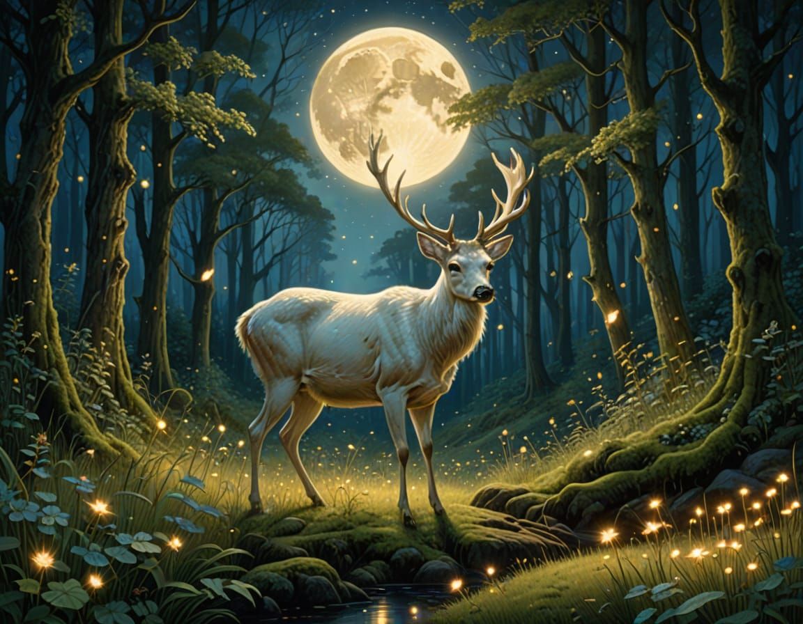 Ethereal White Deer in Moonlit Forest Clearing