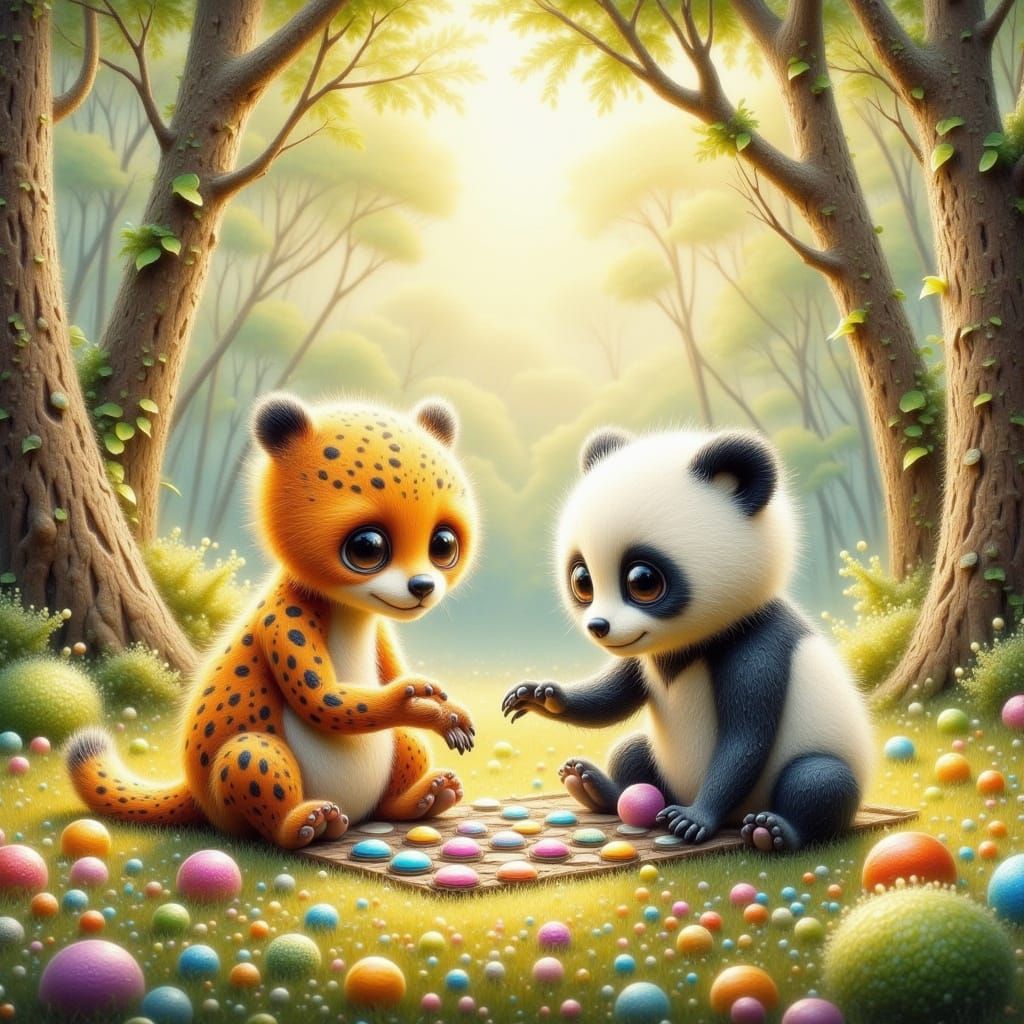 Panda and Cheetah Play Checkers in Kawaii Forest