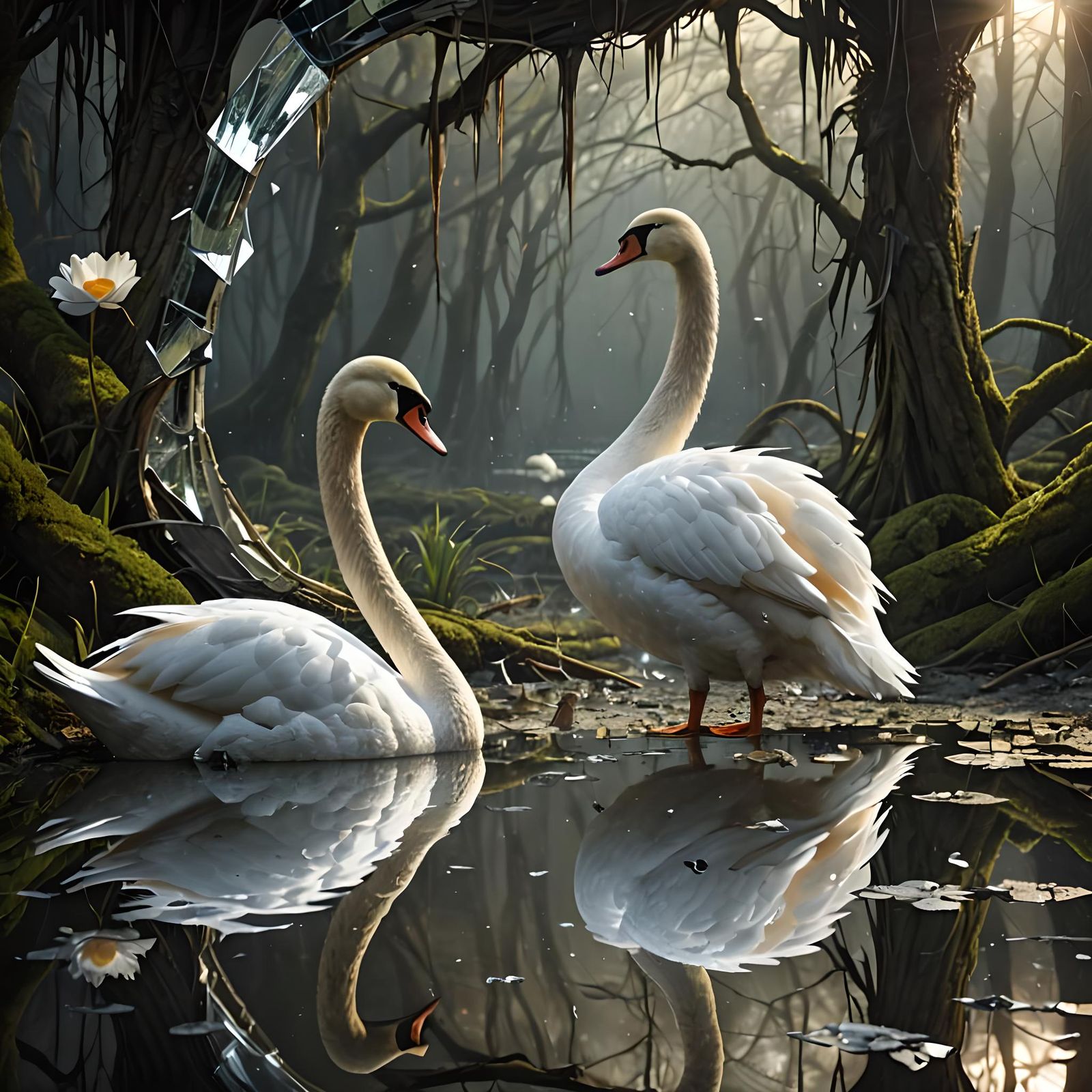 Duckling's Swan Reflection in Shattered Mirror