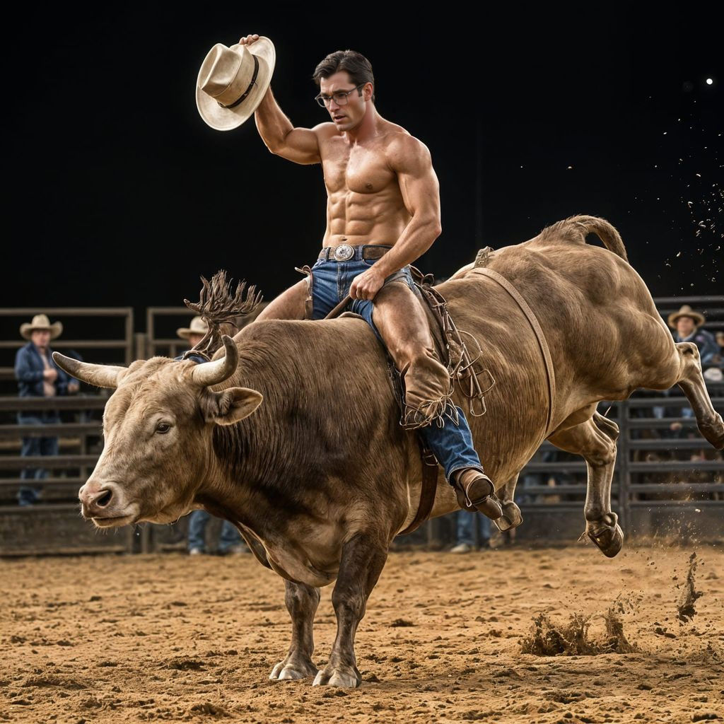 Muscular Clark Kent Rides a Bucking Bull at the Rodeo