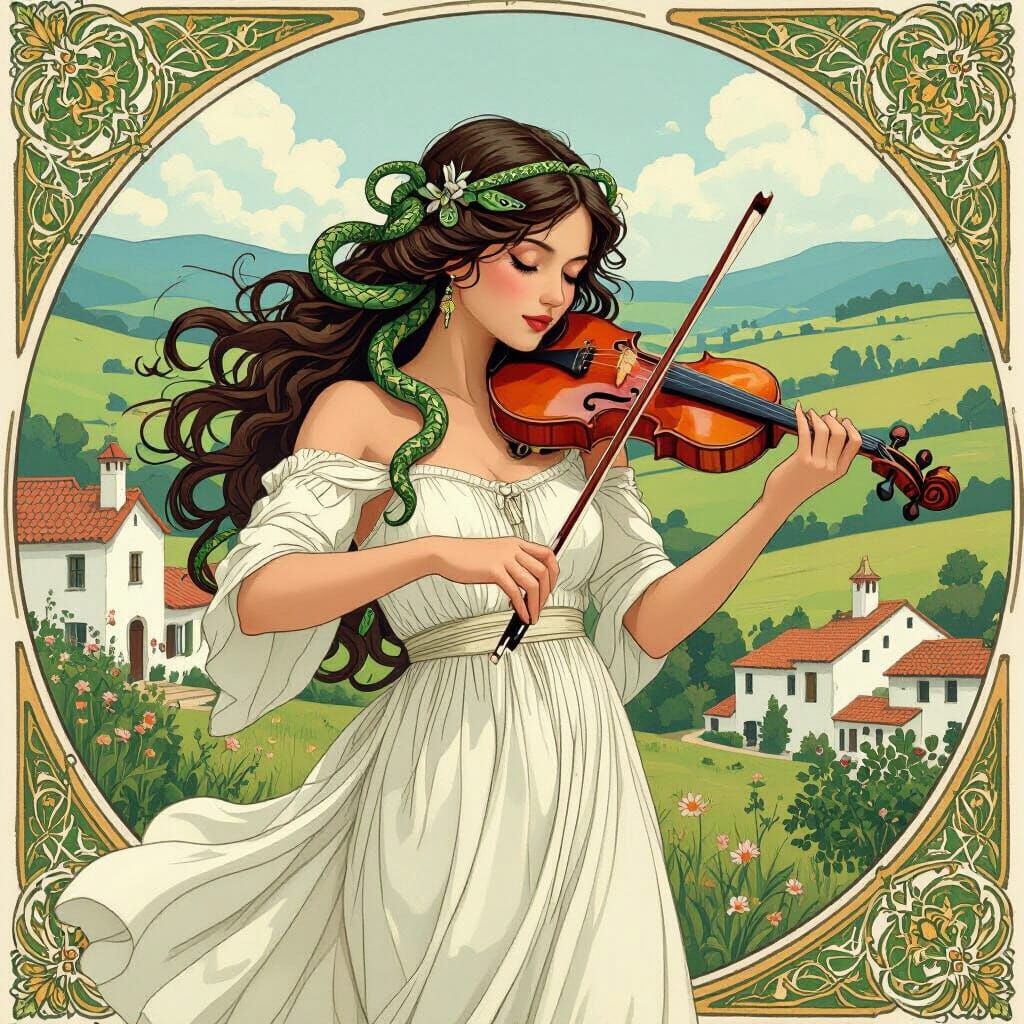 Green-Haired Girl Playing Violin in White Village