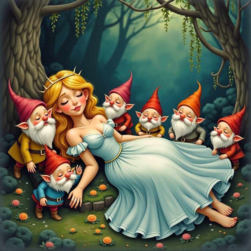 Princess Aurora's Forest Slumber with Dwarven Guardians
