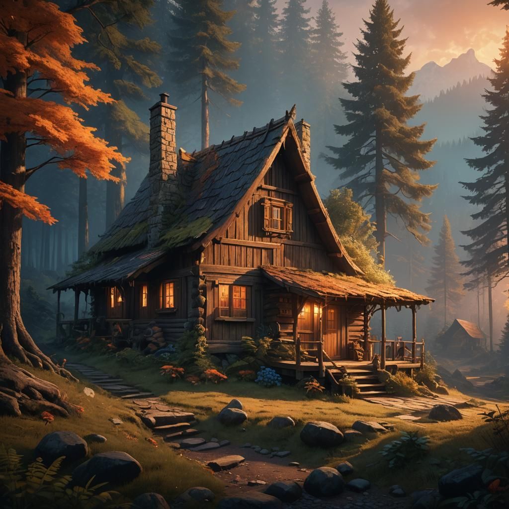 Fantasy Cabin Scene in Vibrant Sunset Hues