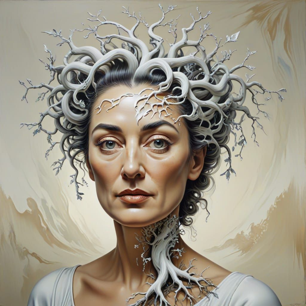 Surreal Tree Hairstyle Portrait in Oil