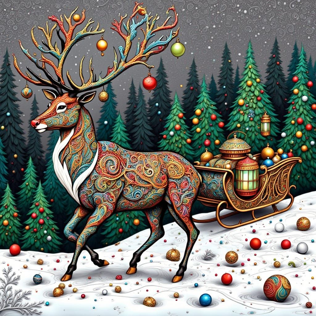 Colorful Zentangle Reindeer with Christmas Sleigh