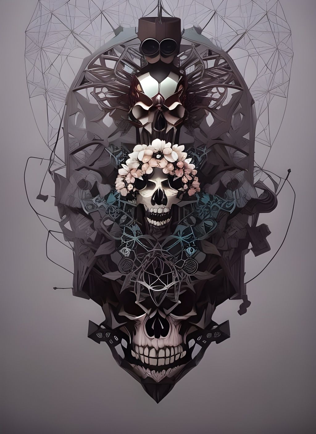 Flowerpunk Skull Explosion in Geometric Anime Style