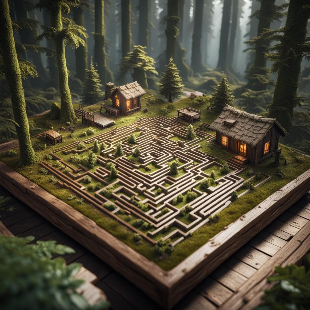 Miniature Forest Maze with Cabin: 3D Game Cinematic