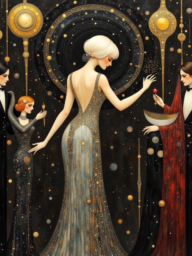 Flapper Sorceress Conjuring Stardust in Art Nouveau Style
