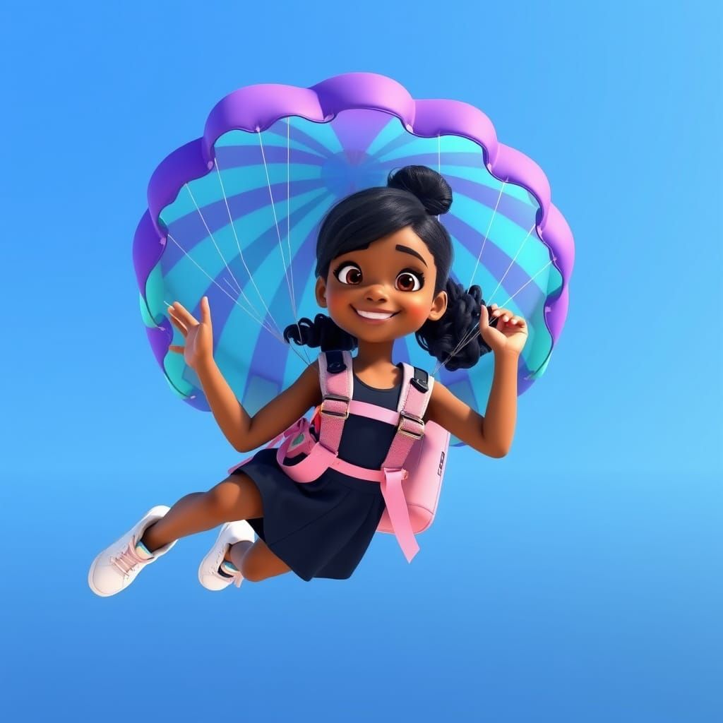 Girl Skydiving in Pixar-Style CGI Rendering