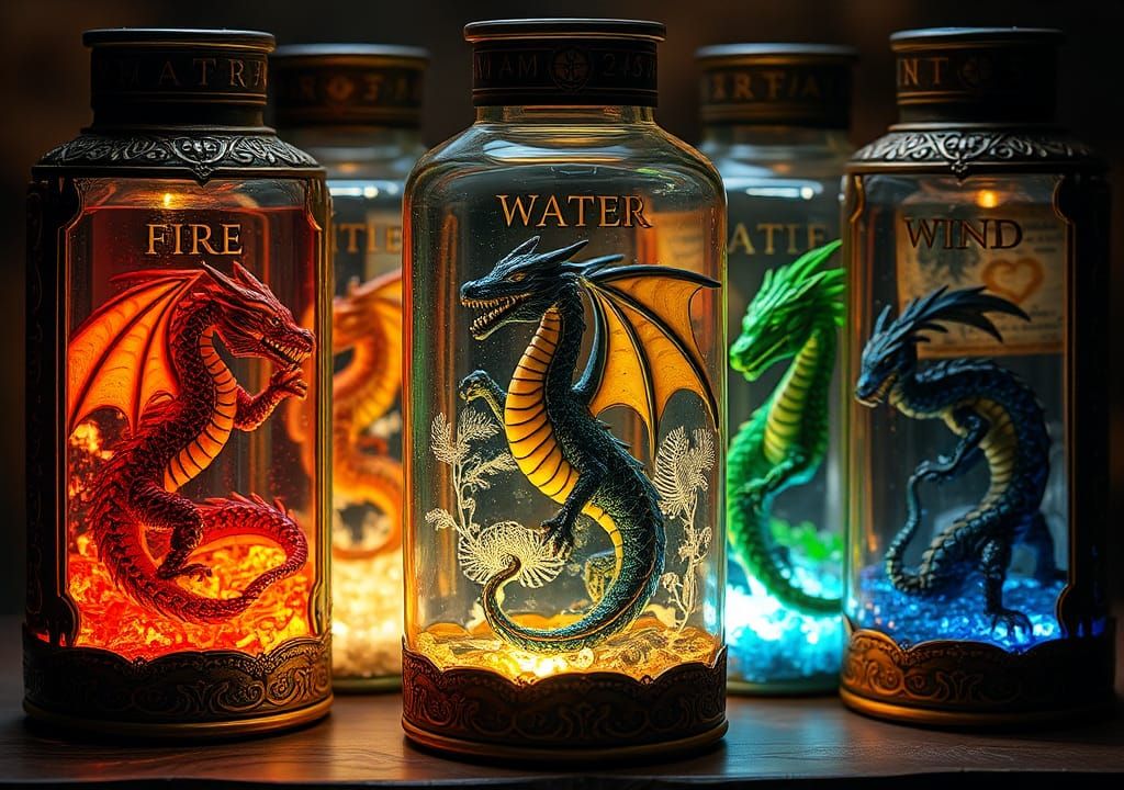 Elemental Dragons Encased in Mystical Glass Bottles