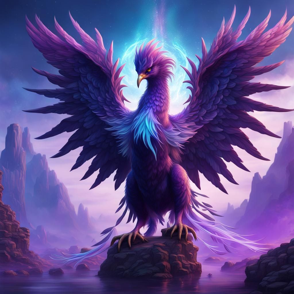 Purple and Blue Phoenix with Star, Detailed Digital Art
