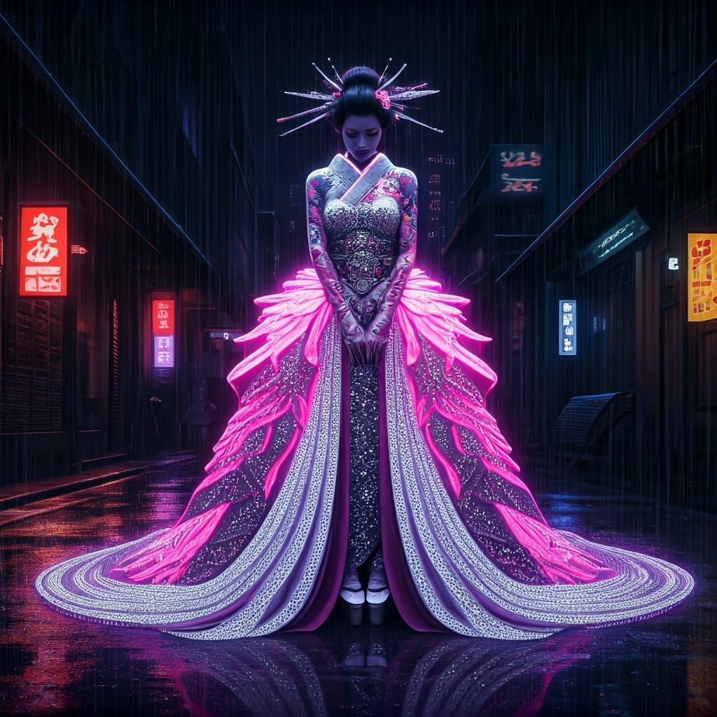 Cyborg Geisha Weeping in Neon Alleyway