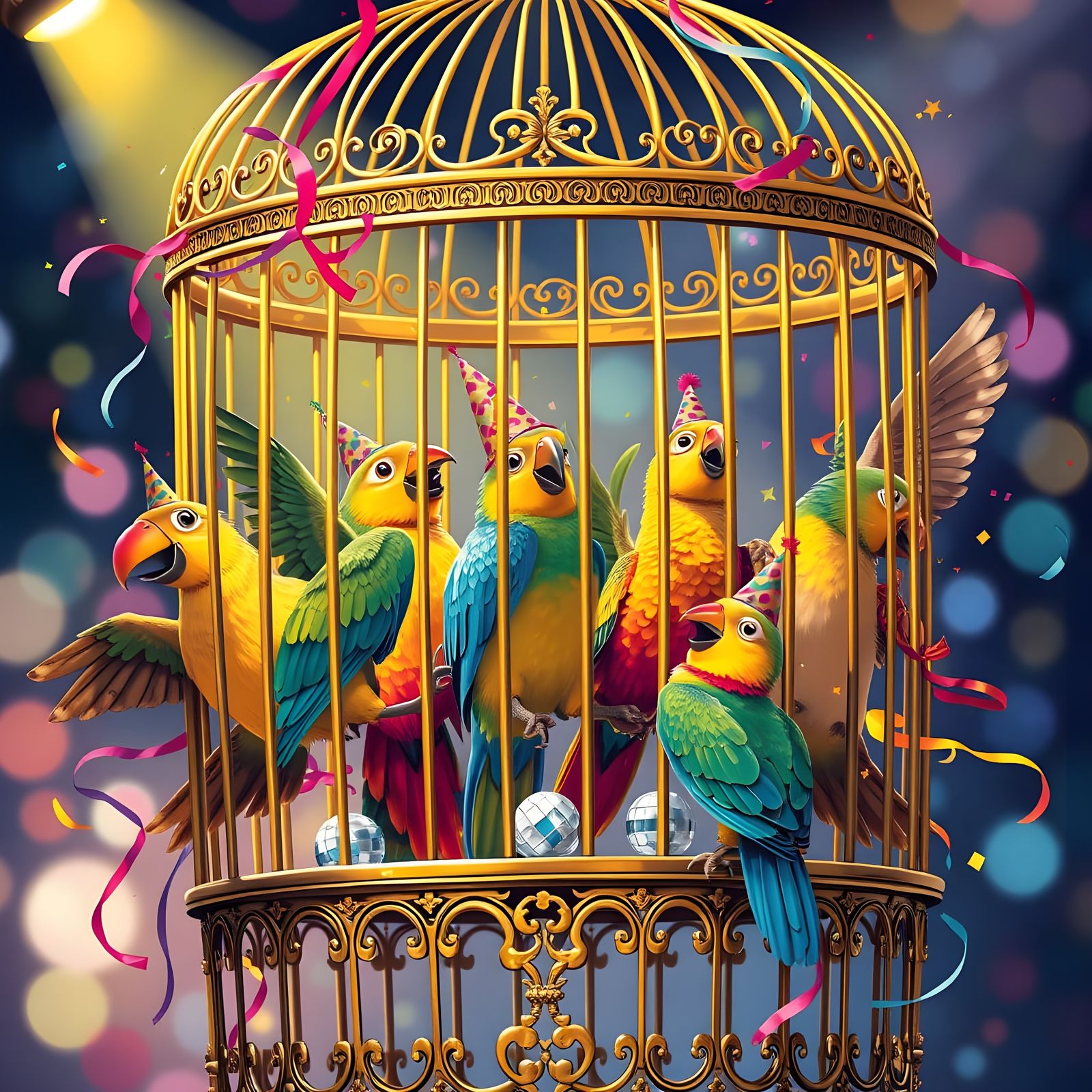 Exotic Birds Partying in Ornate Gilded Cage