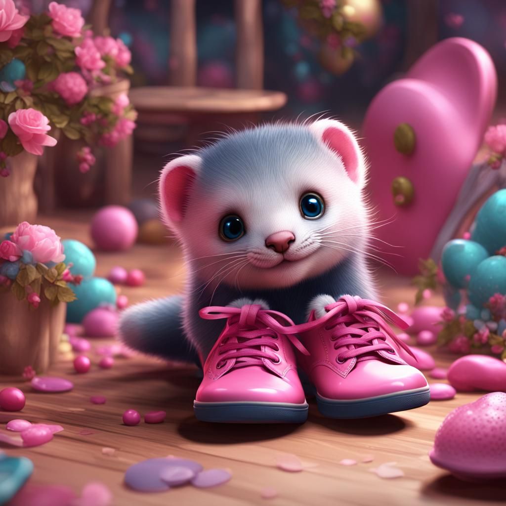 Kawaii Baby Ferret with Pink Shoes