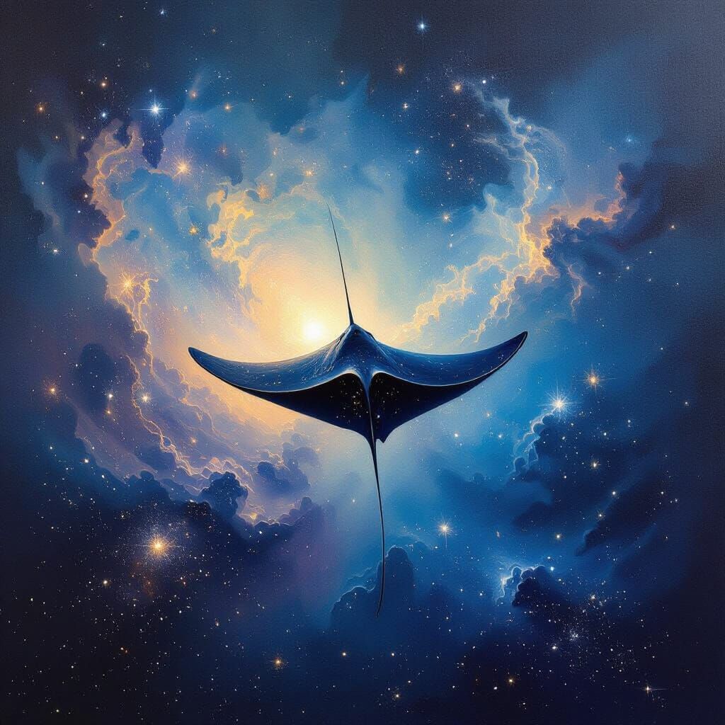 Cosmic Stingray in Nebula: Cinematic Oil Painting