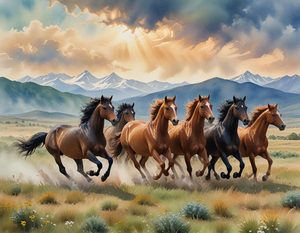 Wild Horses Galloping in Meadow, Watercolor Style