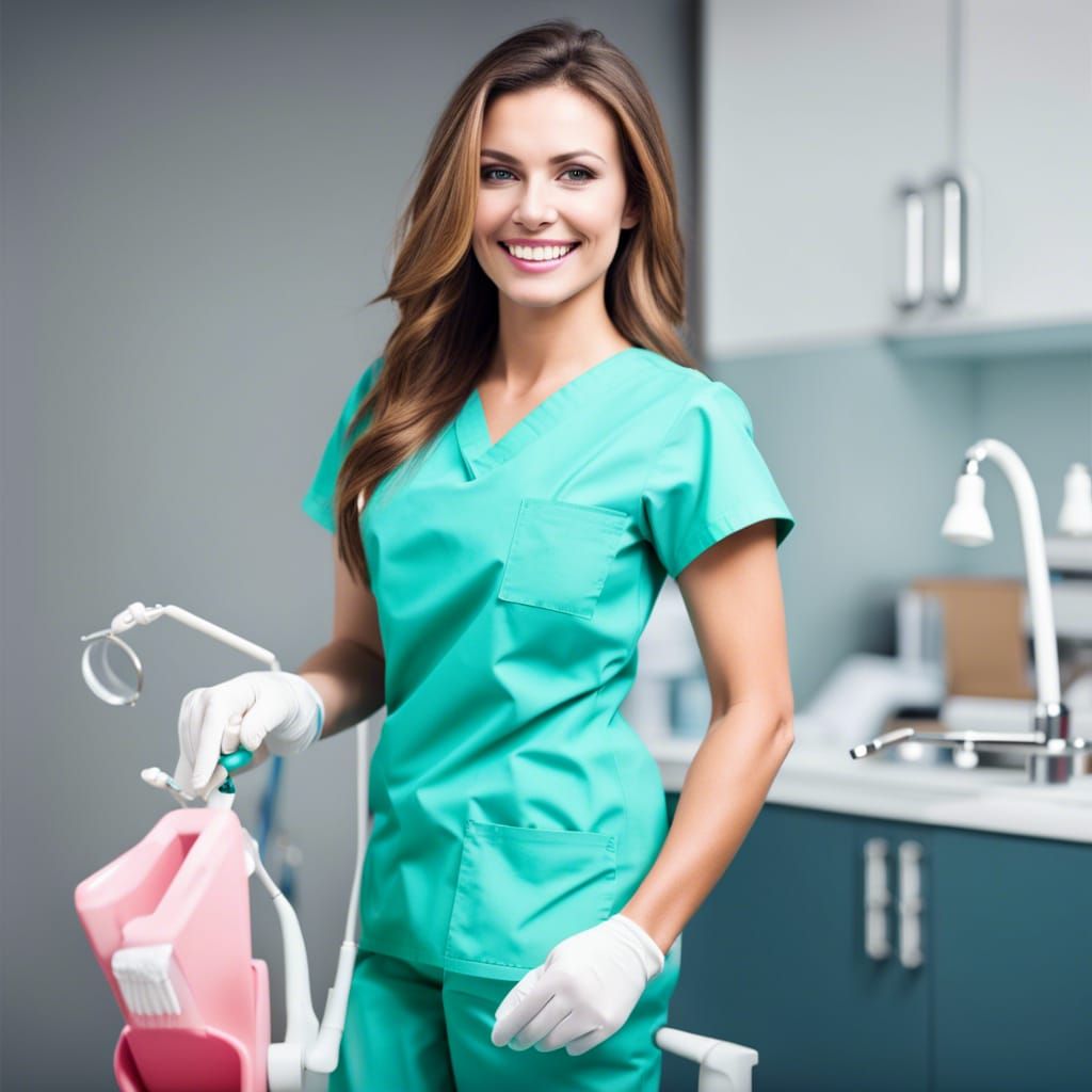 Attractive Female Dentist in Scrubs and High Heels