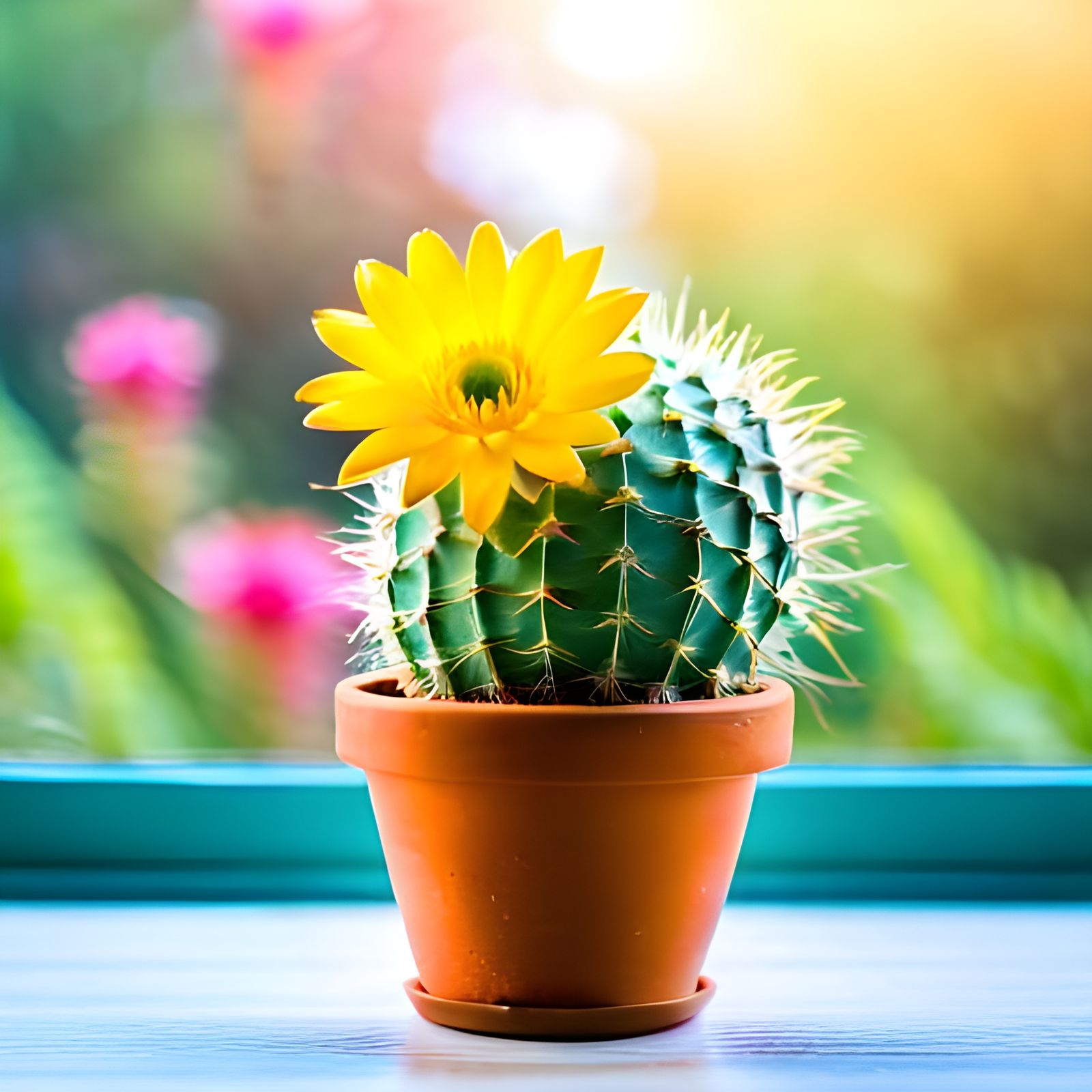 Hyperrealistic Blooming Cactus on Windowsill in Splash Art