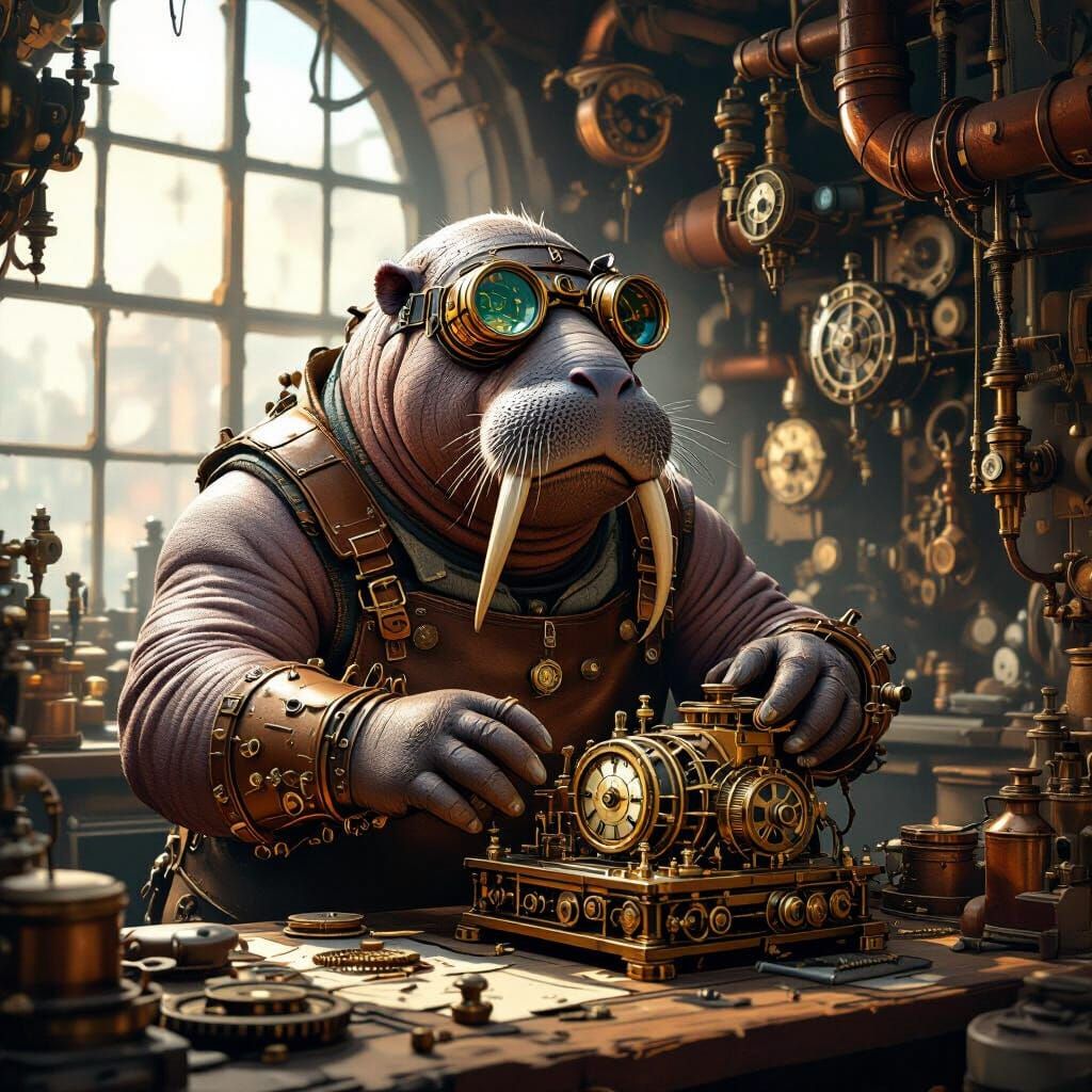 Steampunk Walrus Inventor Tinkering in Workshop