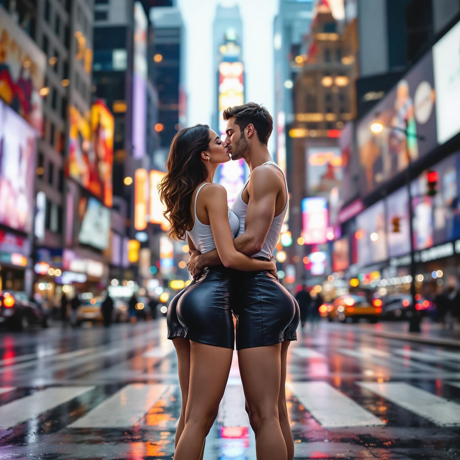 Passionate Kiss in New York City at Night