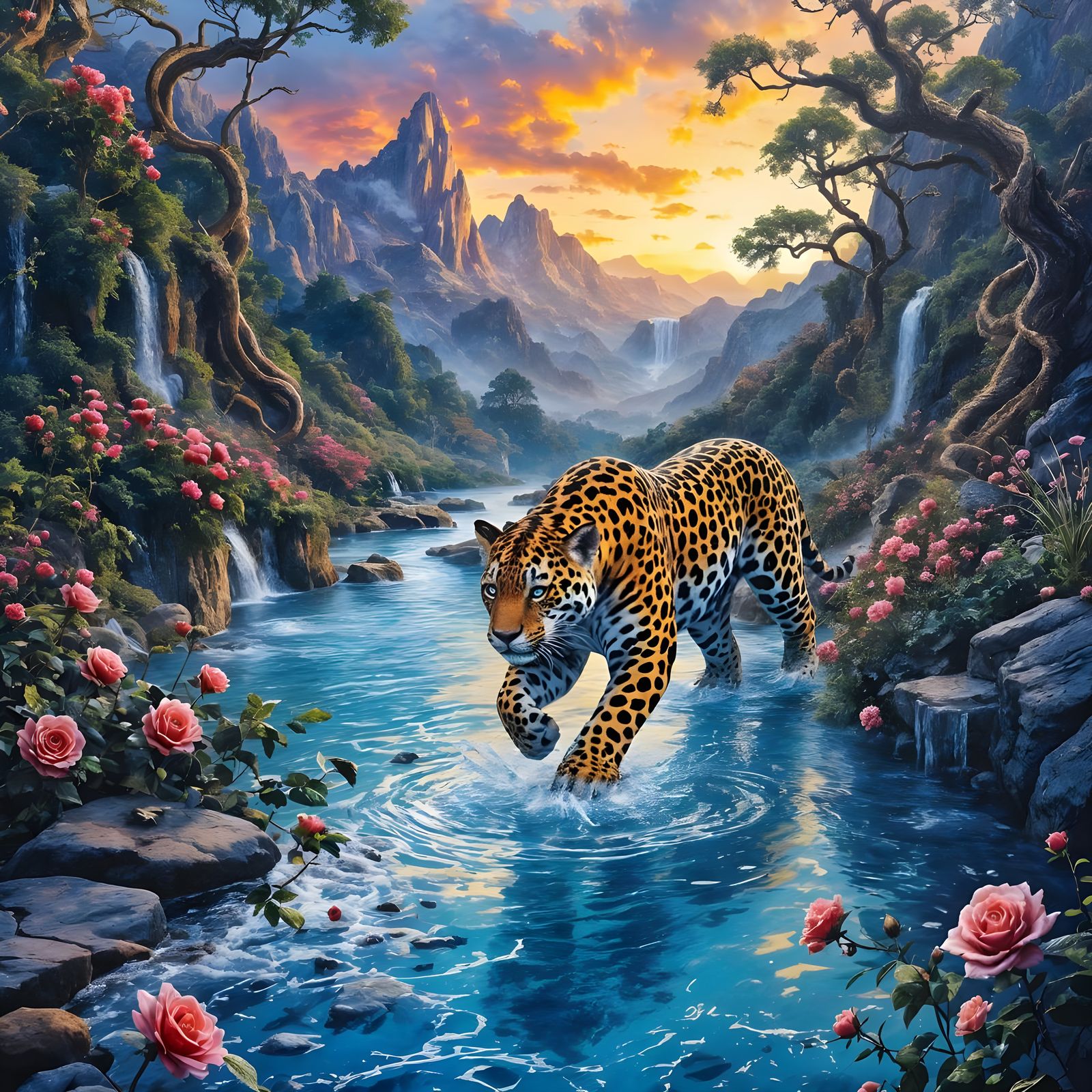 Surreal Jaguar in Escher-Inspired Landscape
