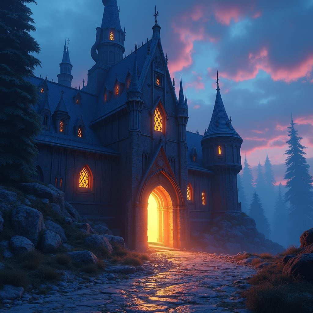 Mystical Castle Entrance Illuminated by Golden Light