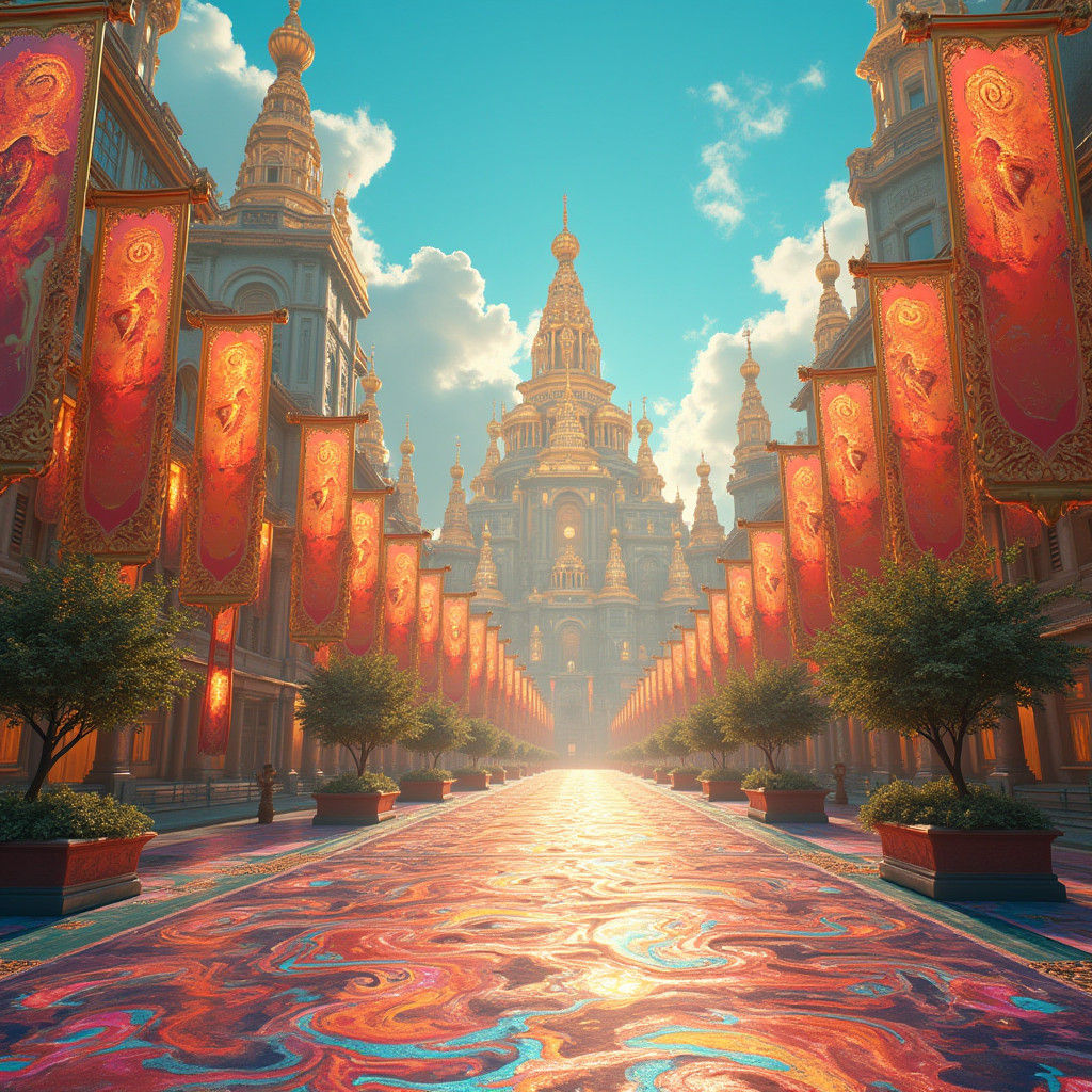 Golden Cityscape with Musical Streets, Digital Art