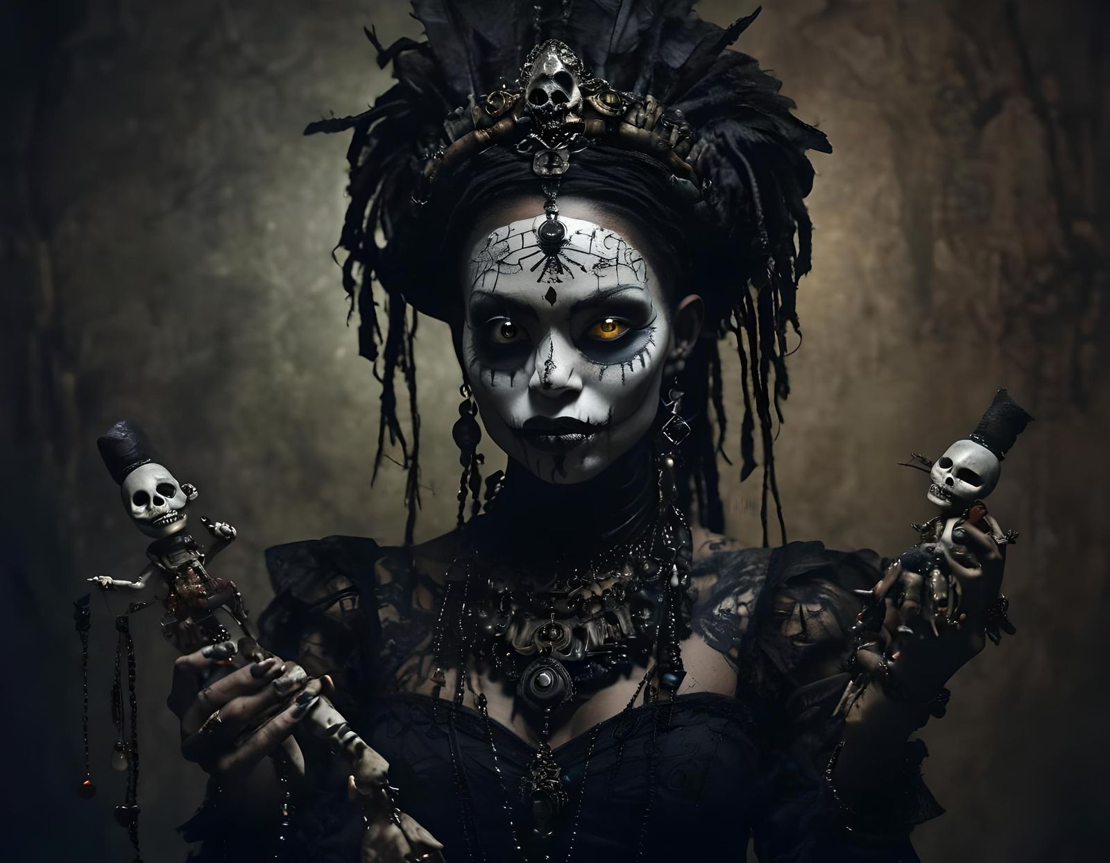 Cursed Voodoo Priestess with Doll in Gothic Surrealism
