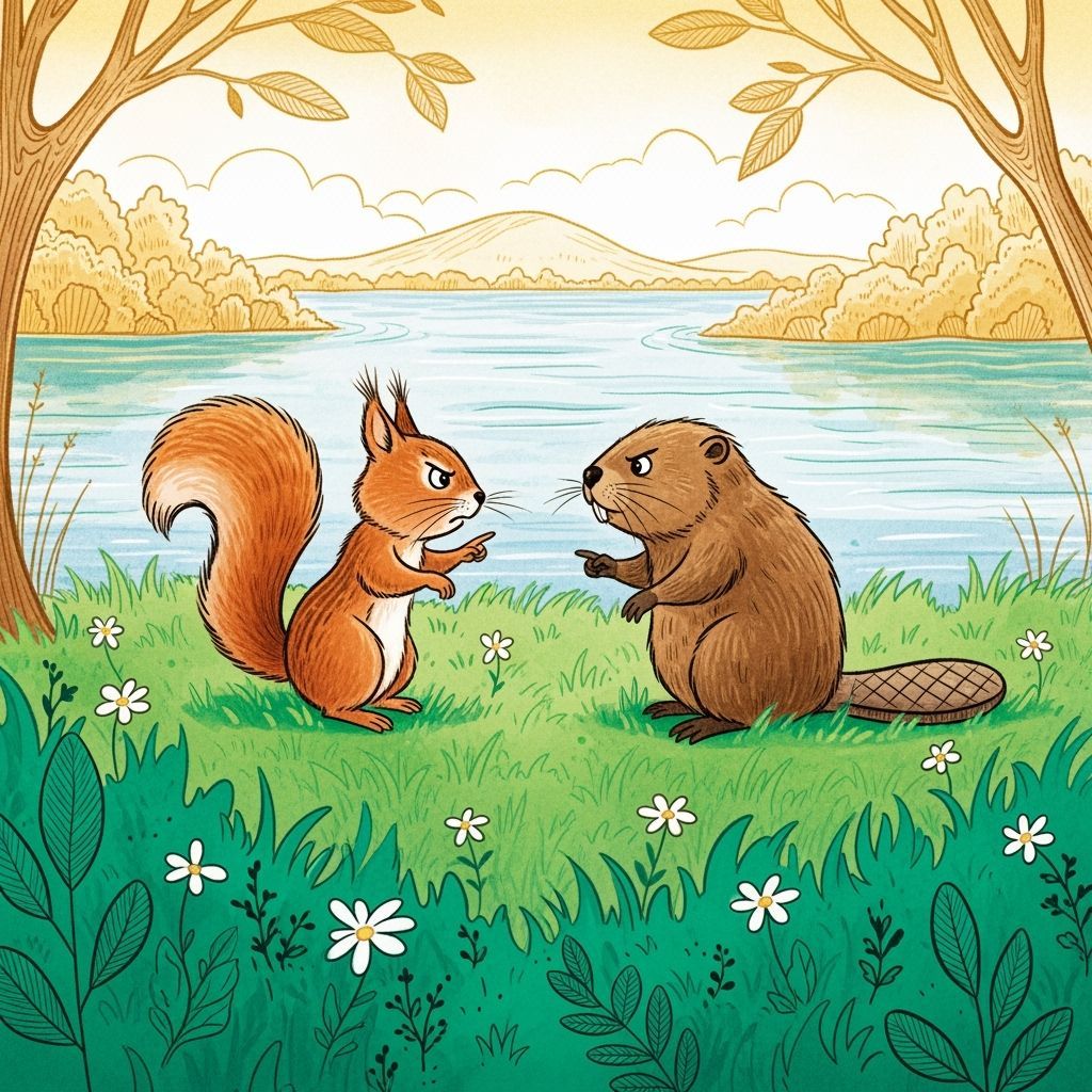 Whimsical Watercolor of Squirrel and Beaver on Riverbank