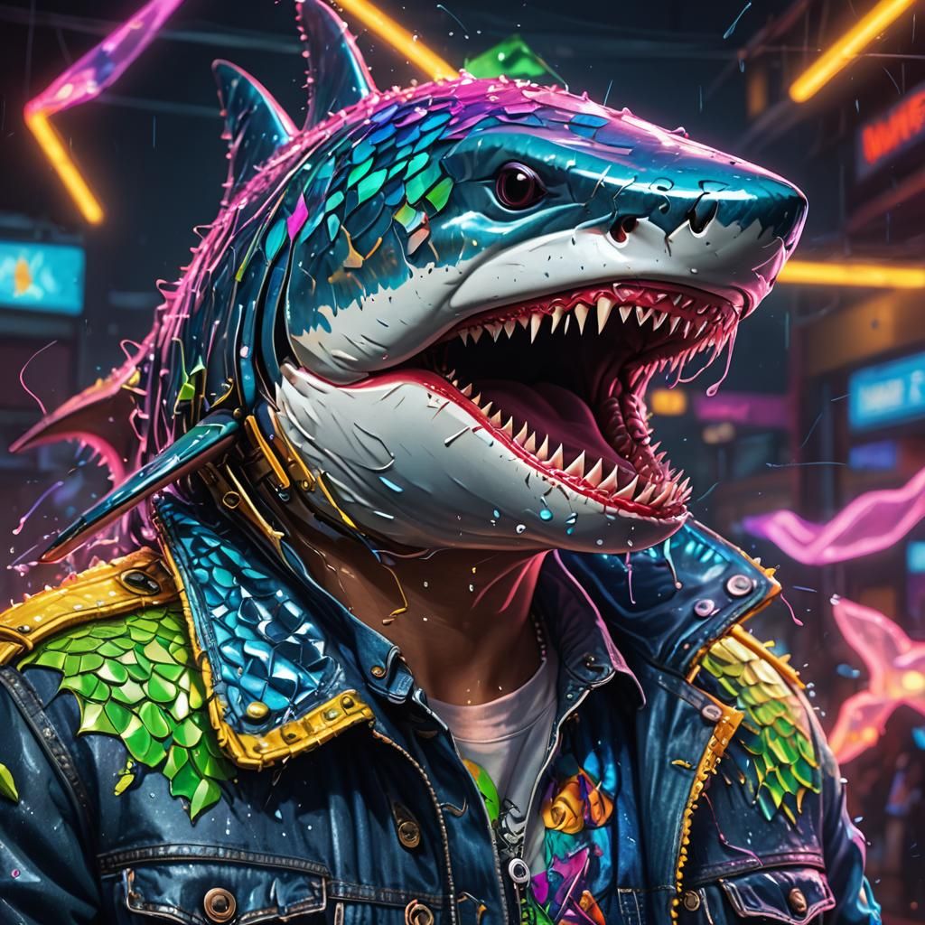 Anthropomorphic Shark at Rave in Hyperrealistic Splash Art