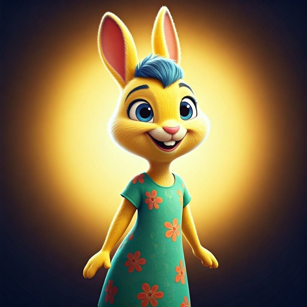 Vibrant Yellow Rabbit in Green Floral Dress with Blue Hair