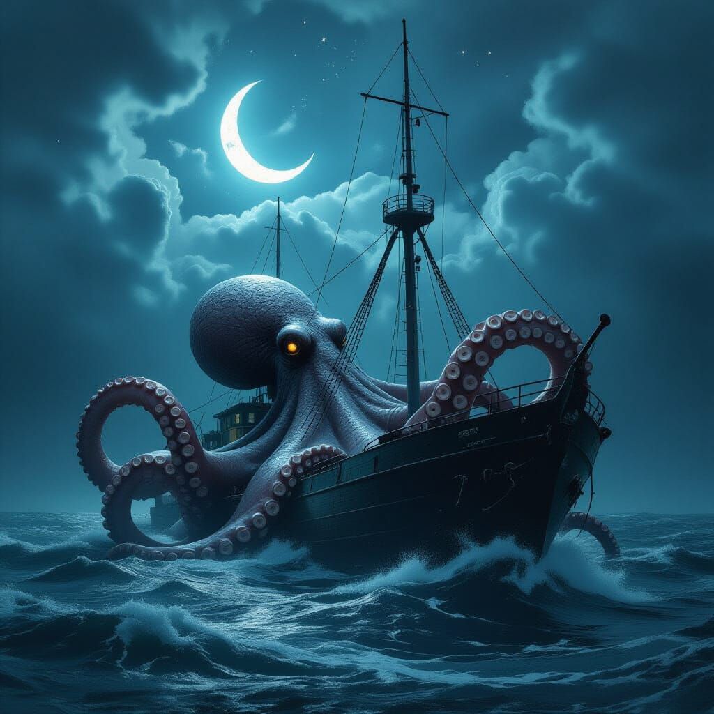 Giant Octopus Attacks Ship in Stormy Seas