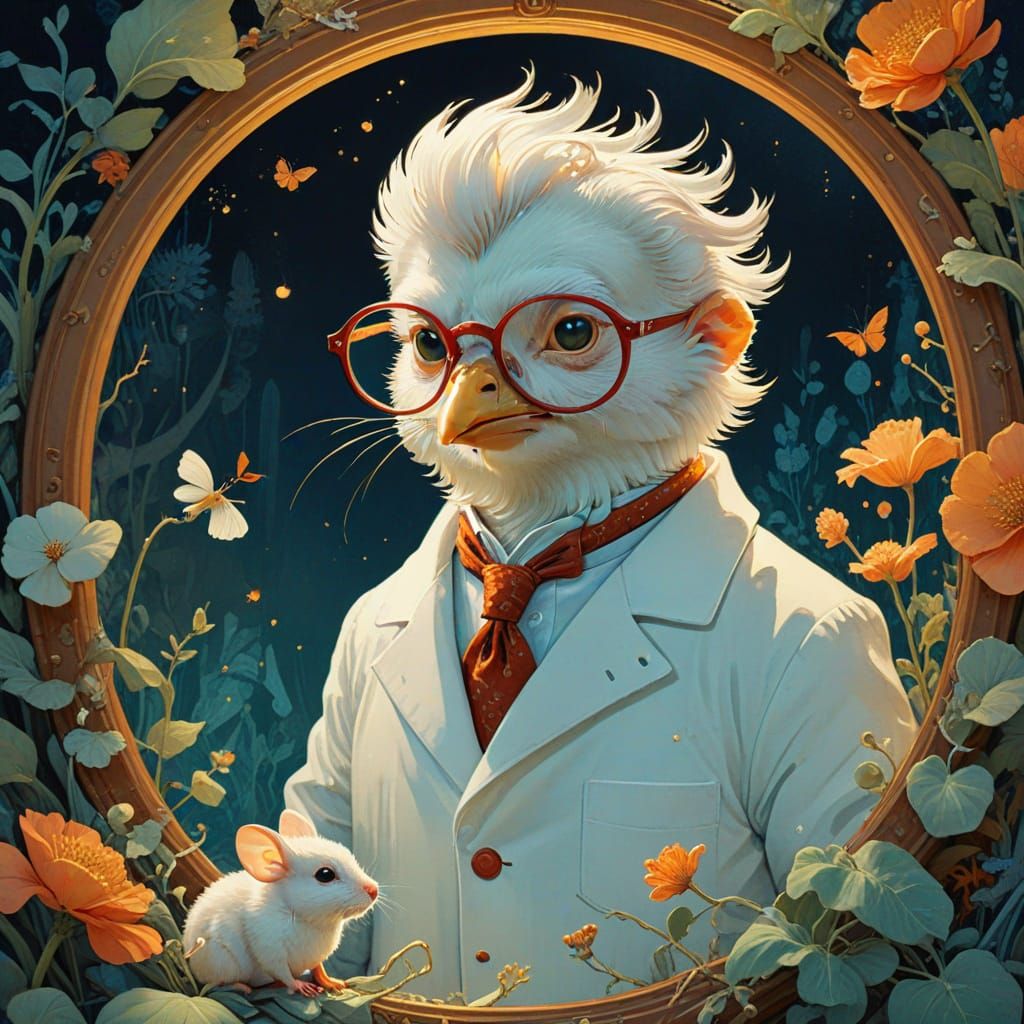 Whimsical Chicken and Mouse Study in Watercolor